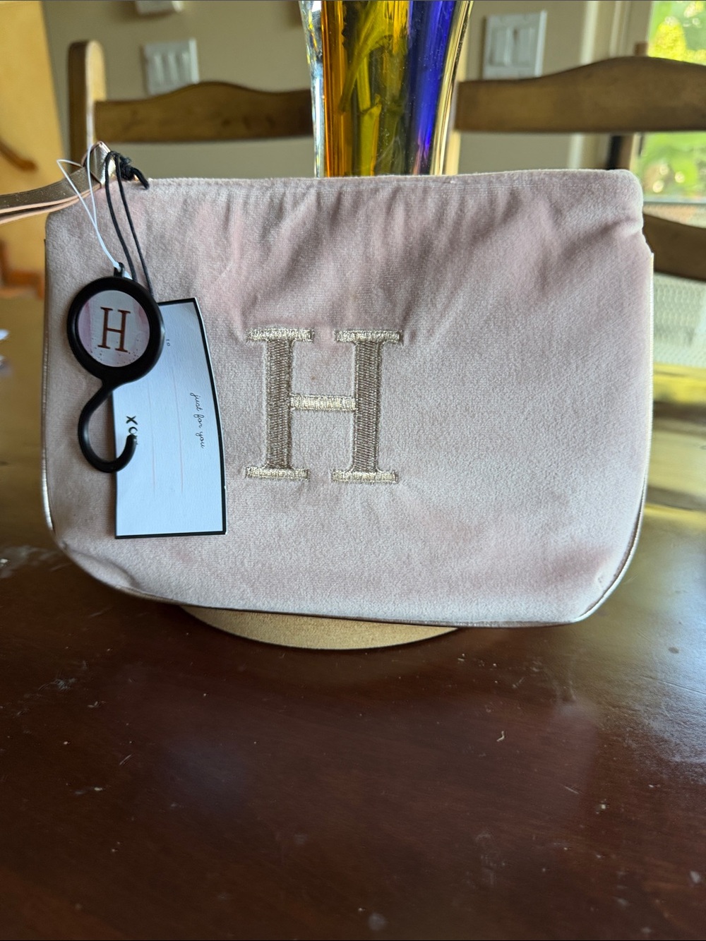 Monogram 'H' Velvet Cosmetic Pouch in Soft Pink